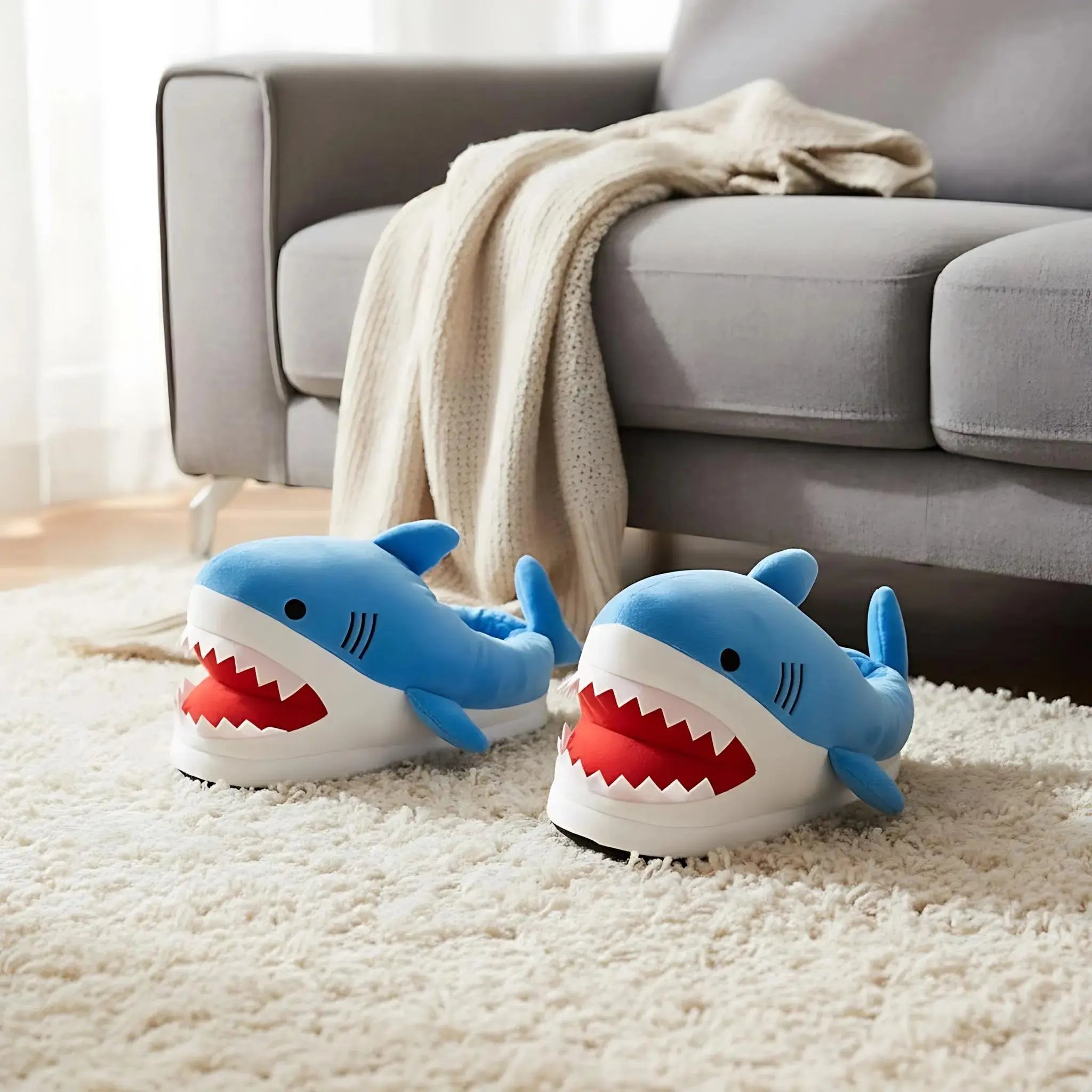 Shark-themed slippers on a carpeted floor with a couch in the background