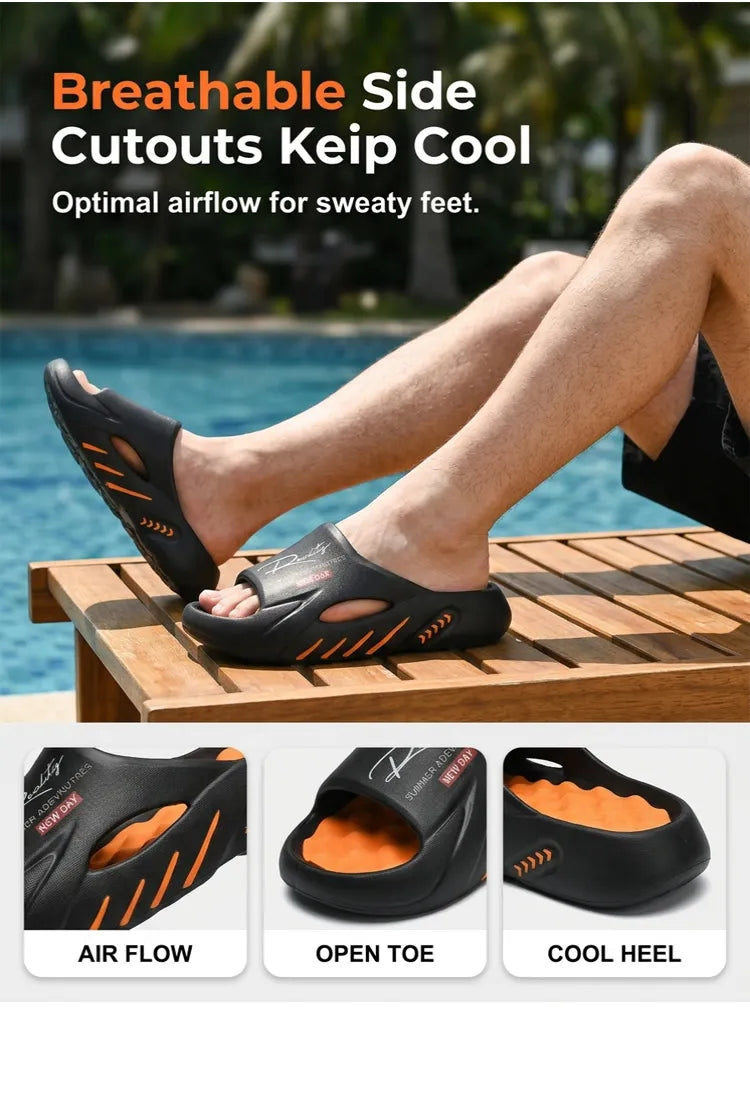 Black sandals with orange accents on a poolside background, emphasizing breathability and comfort.
