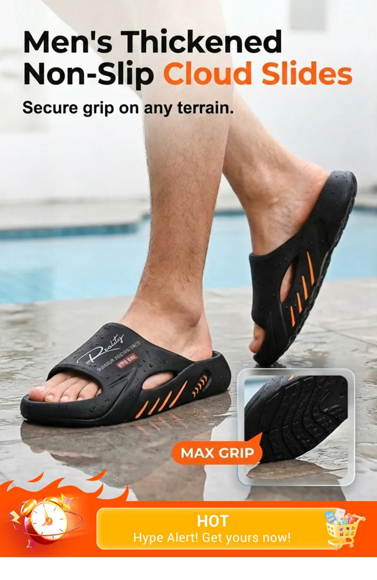 Black non-slip slides with orange accents on a poolside background