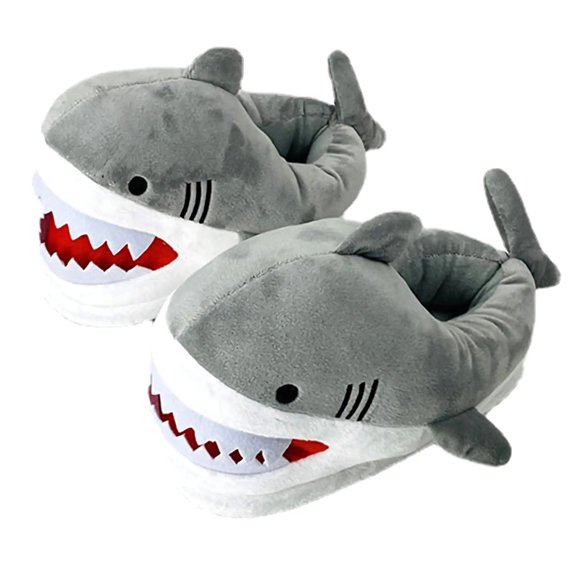 Shark-themed slippers on a white background