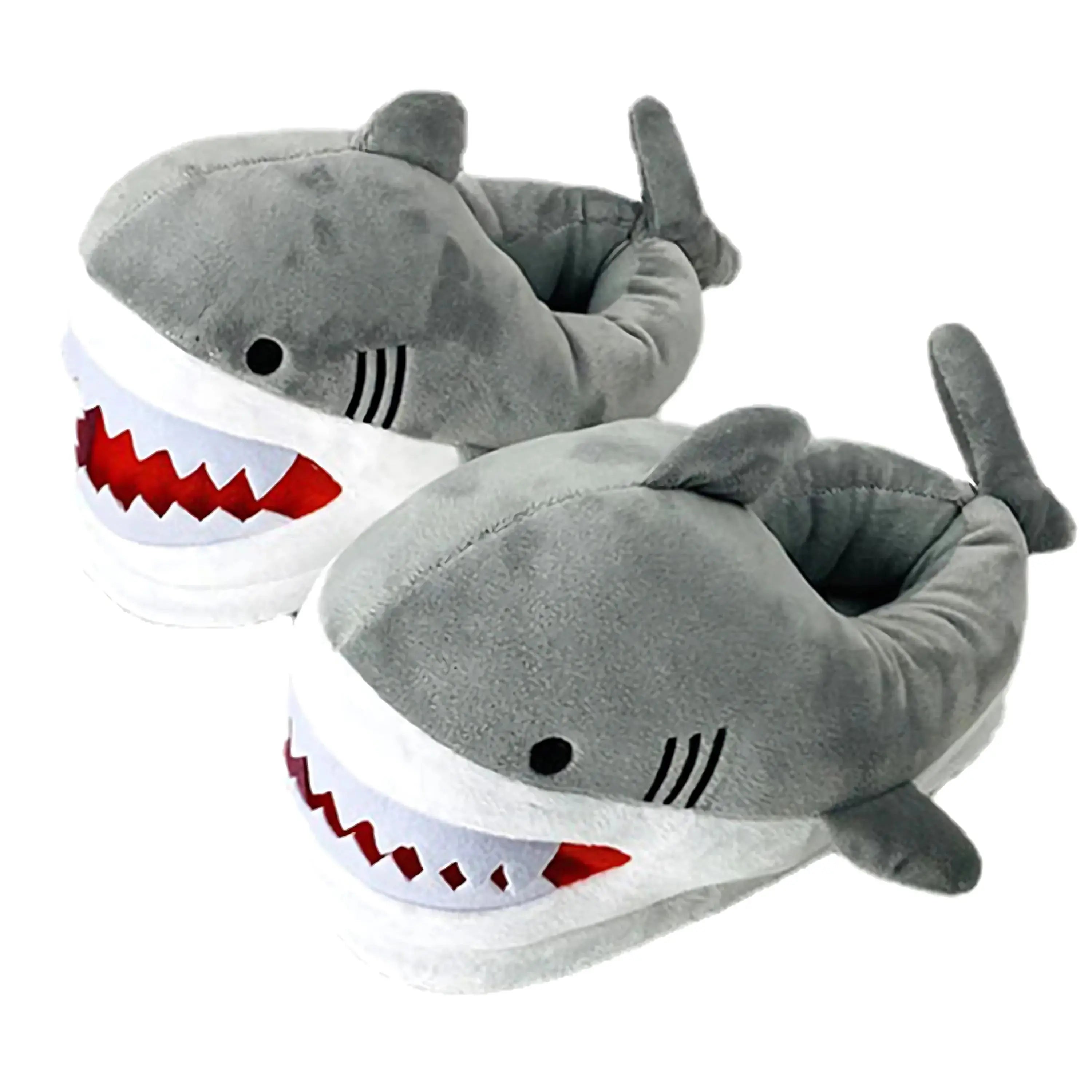 Shark-themed slippers on a white background