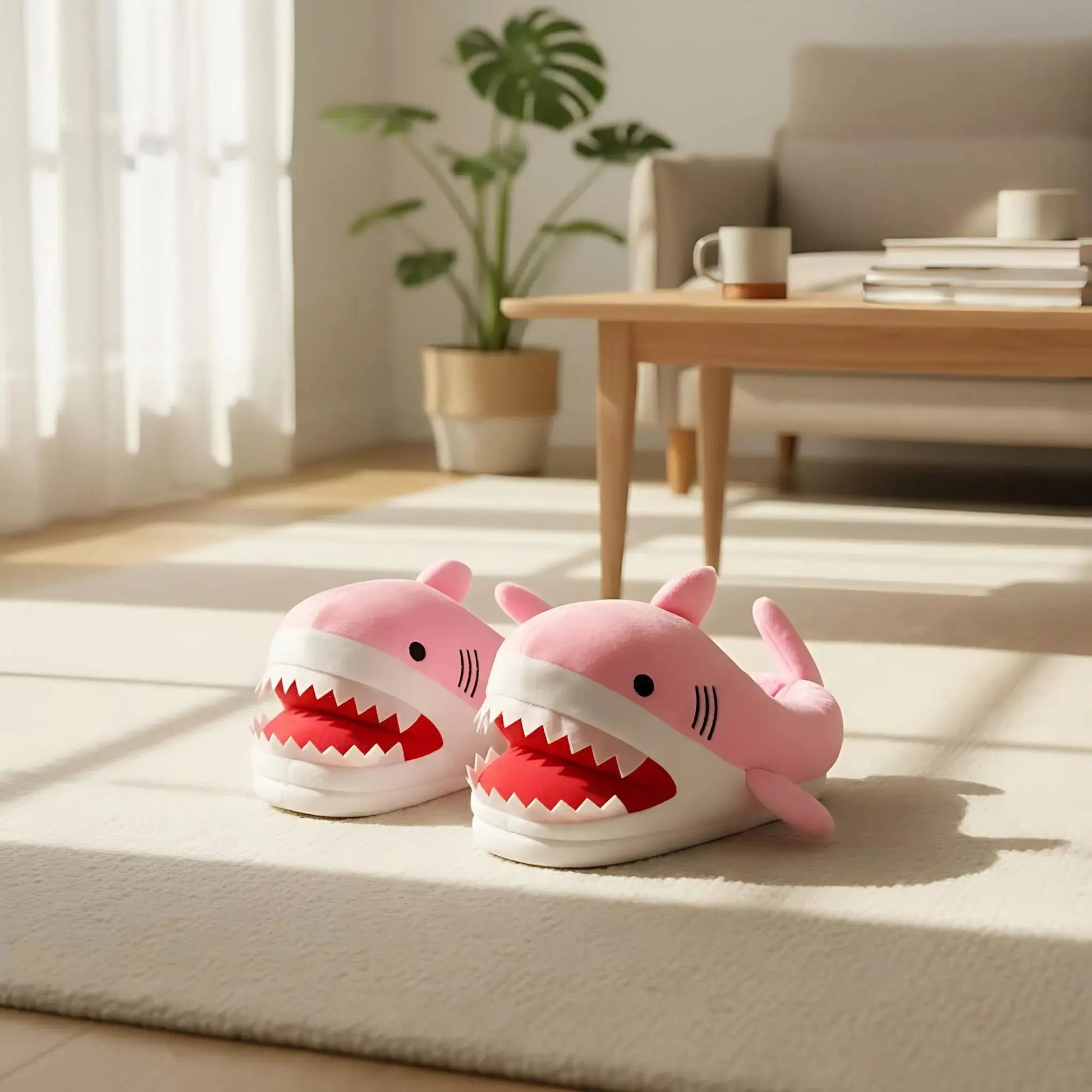 Pink shark-shaped slippers on a light wooden floor with a blurred living room background.