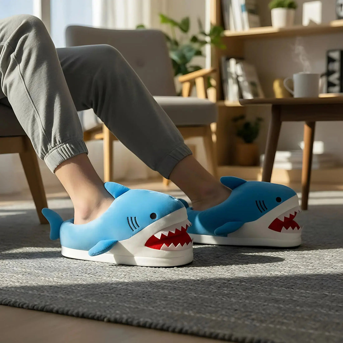 Person wearing shark-shaped slippers in a home setting