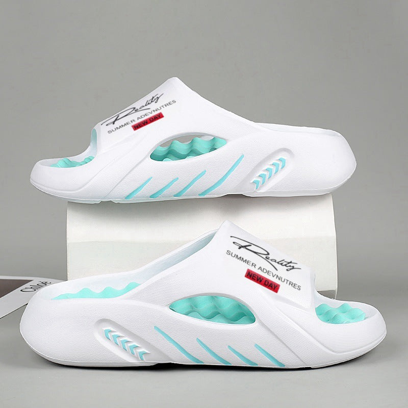 White sandals with turquoise accents on a gray background