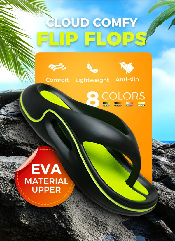 Black and green flip flop with promotional text about cloud comfy flip flops on a rocky background.