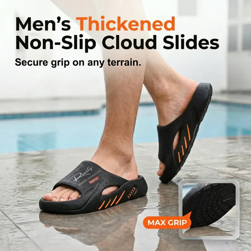Black non-slip slides with orange accents worn by a person by a pool.