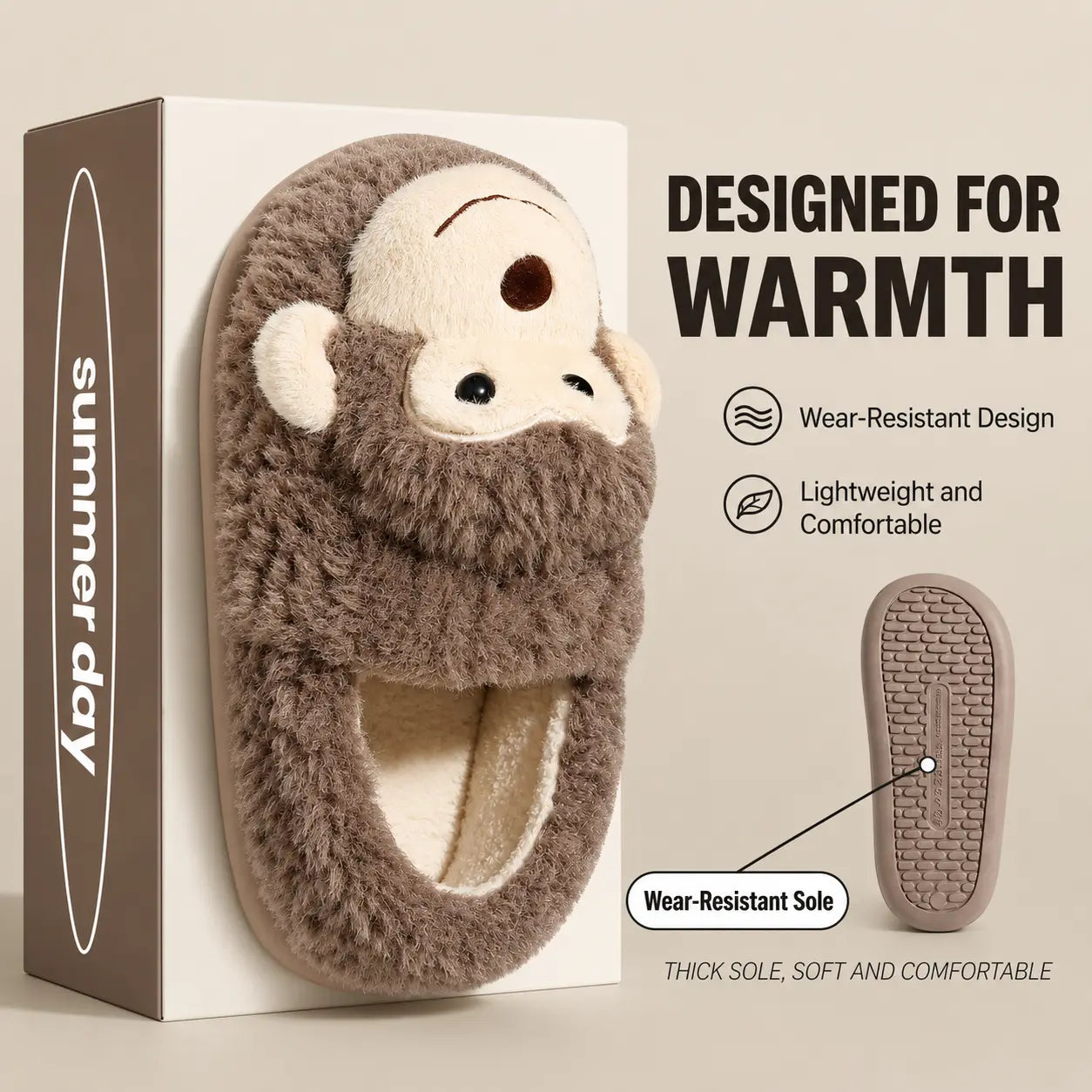 Monkey-shaped slippers with packaging on a beige background, featuring text about design and comfort.