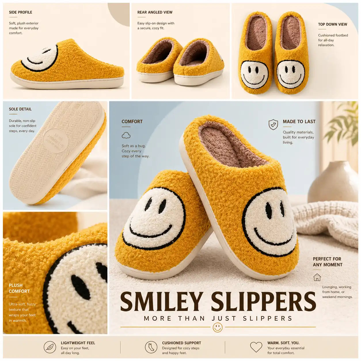 Collage of smiley slippers with various views and features highlighted.