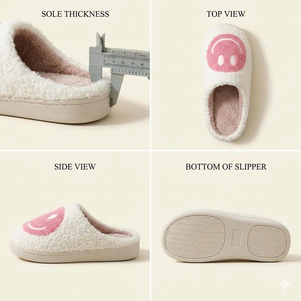 White slippers with pink sole and logo shown from multiple angles on a beige background.