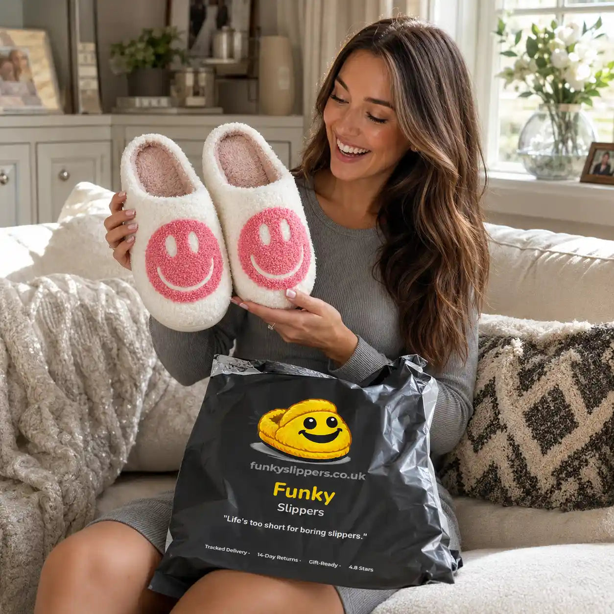 Woman holding white slippers with smiley faces and a 'Funky Slippers' bag on a couch.