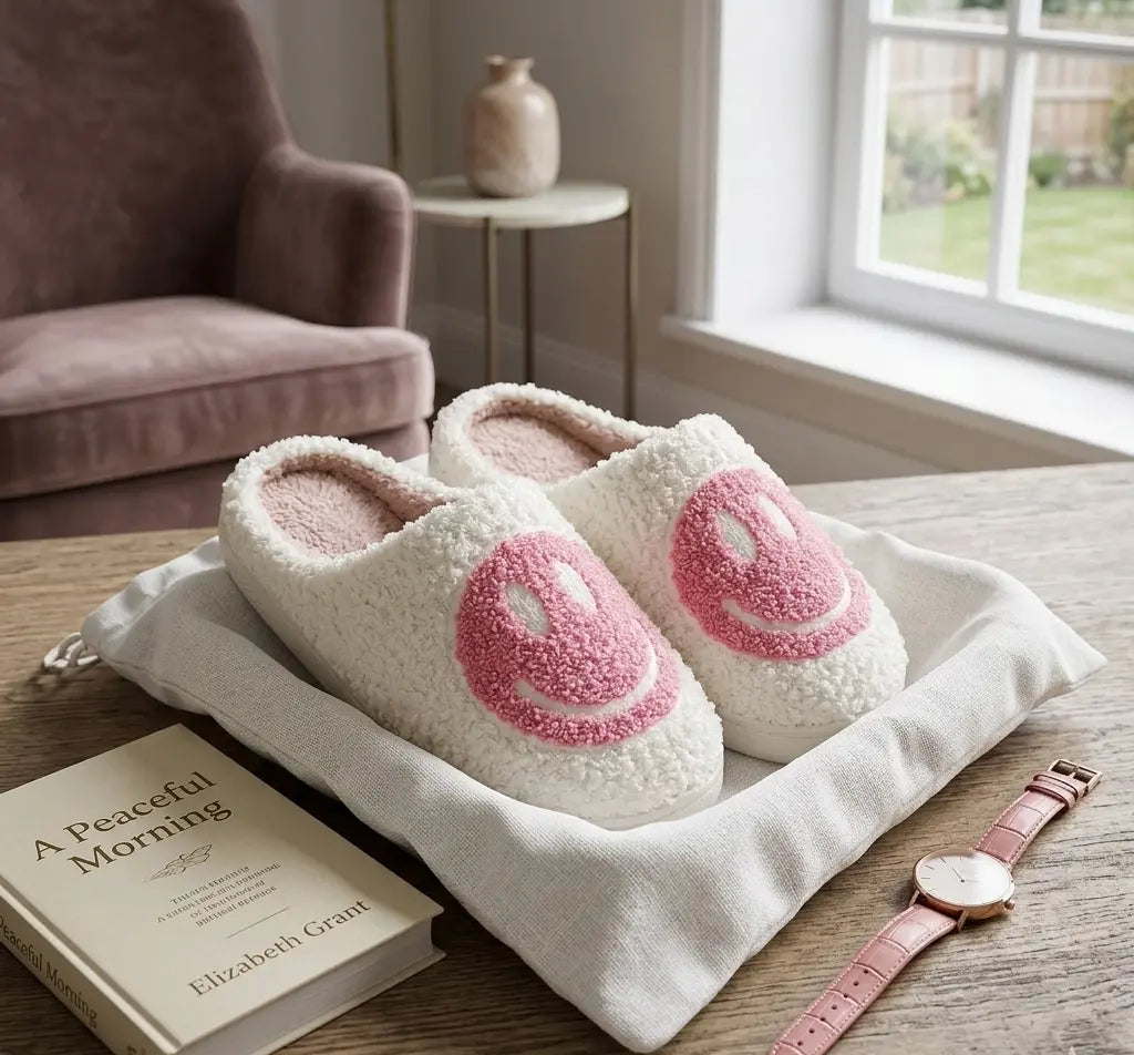 Pair of white slippers with pink hearts on a cushion next to a book and watch in a cozy room.