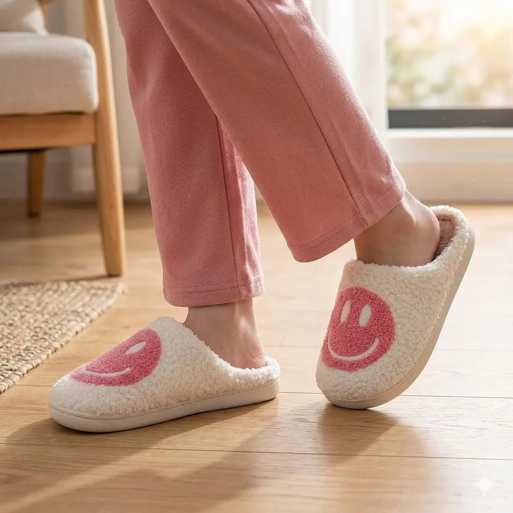 White slippers with pink smiley faces worn by a person in pink pants on a wooden floor.