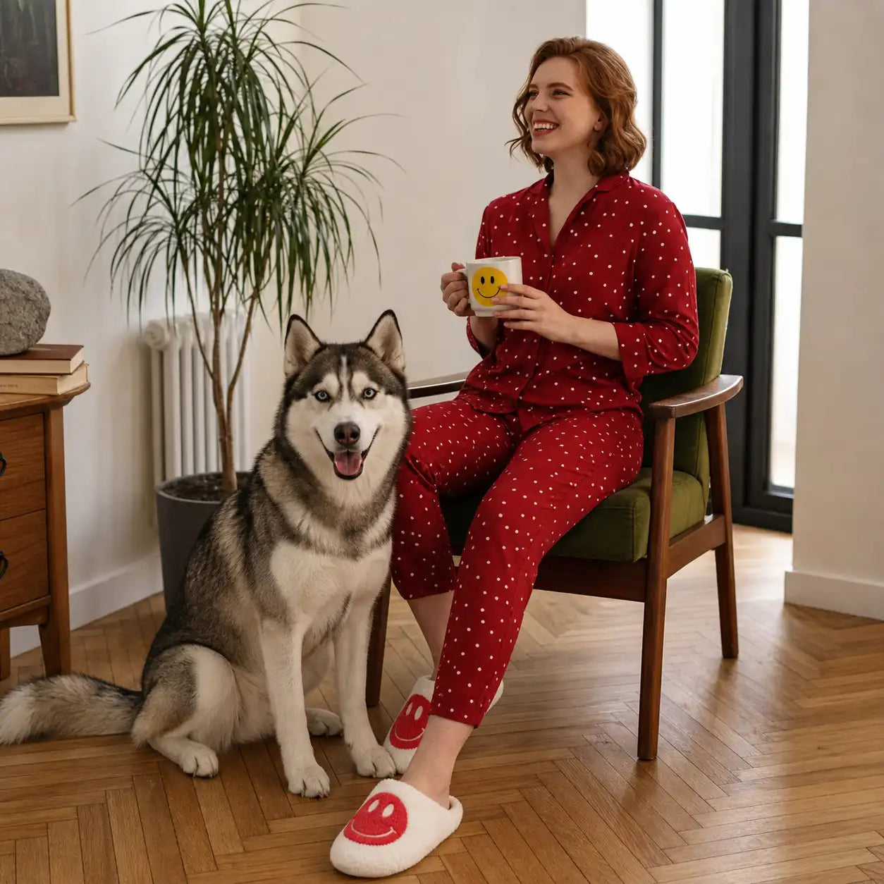Woman in red polka dot pajamas sitting with a dog in a cozy room.