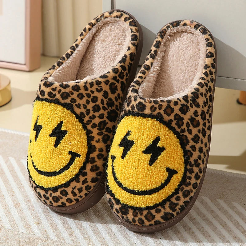 Chic Leopard Print Slippers Smiley Face for Cozy Winter Comfort
