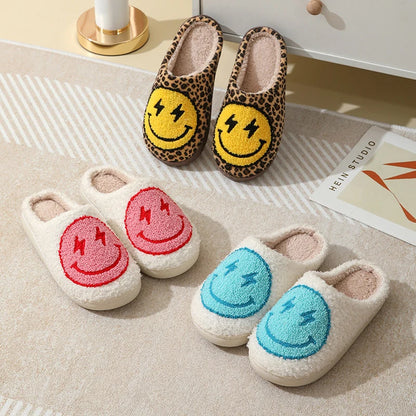 Chic Leopard Print Slippers Smiley Face for Cozy Winter Comfort