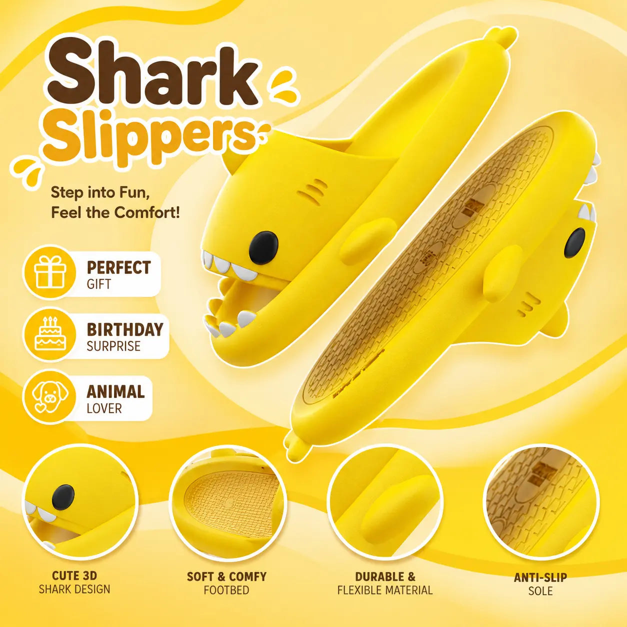 Yellow shark-shaped slippers with features highlighted on a yellow background