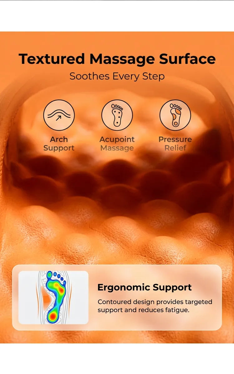 Textured massage surface with arch support, acupoint massage, and pressure relief features on an orange background.
