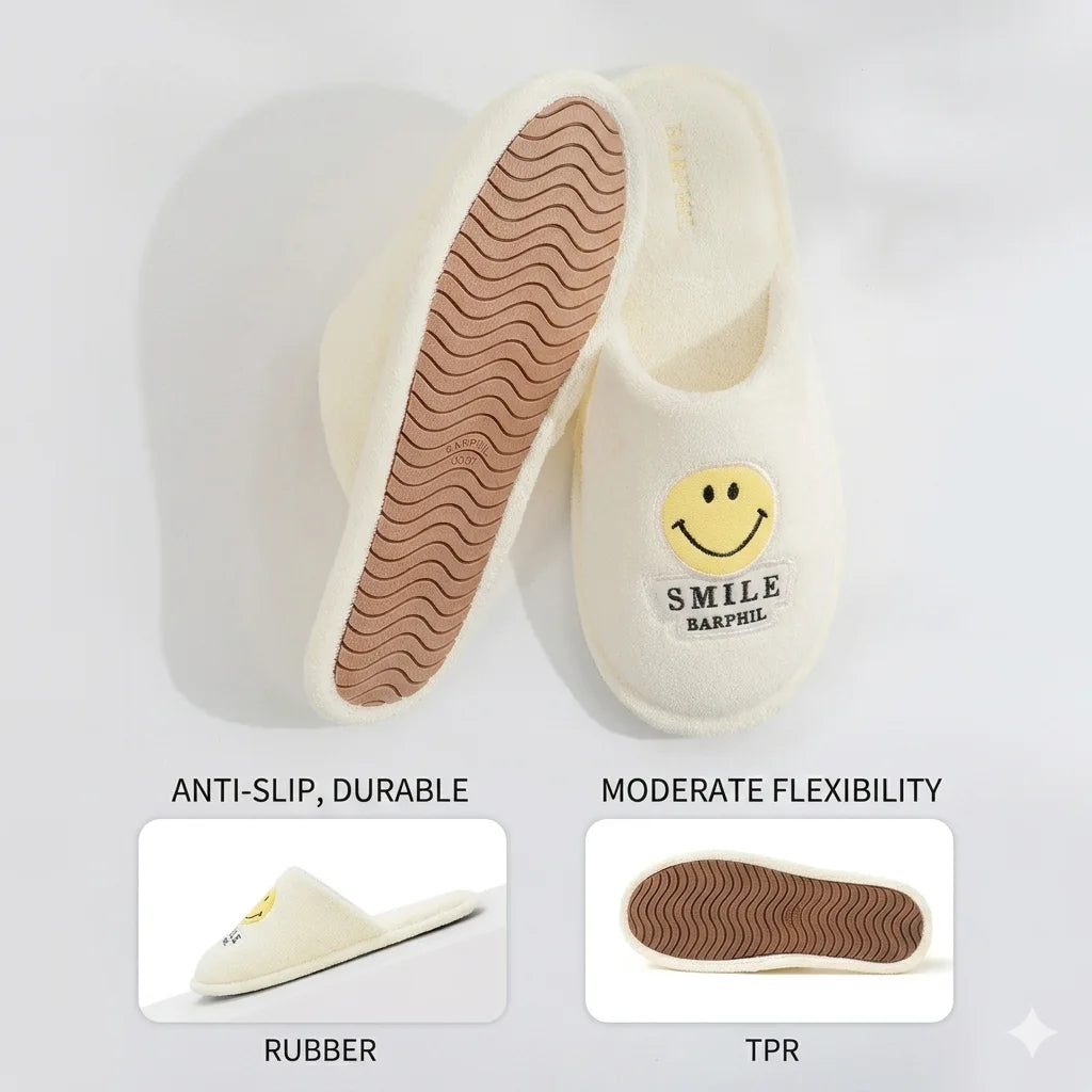 White slipper with smiley face logo on a light gray background, featuring text about shoe properties.