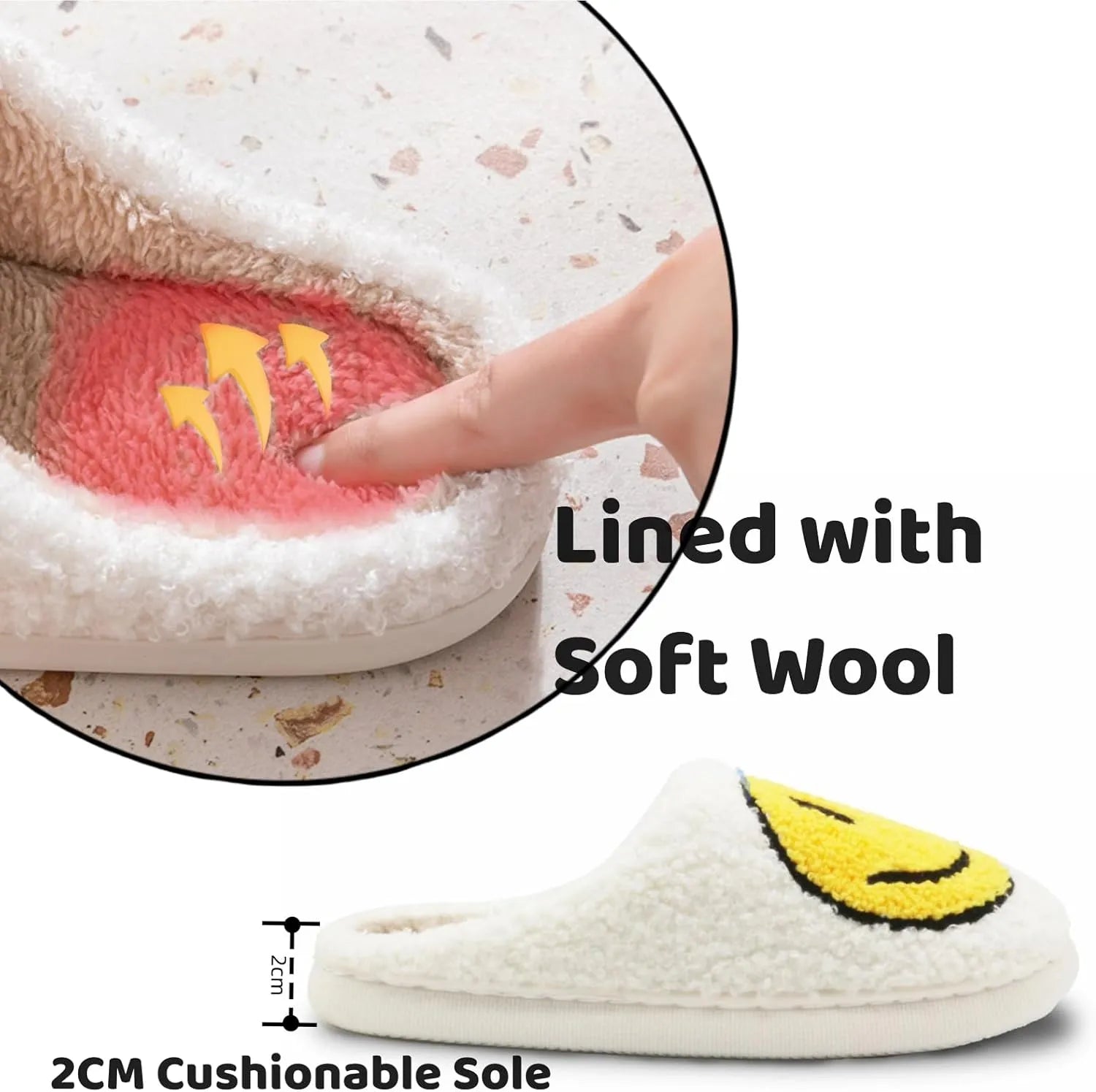 Close-up of a shoe sole with soft wool lining and a smiley face design.