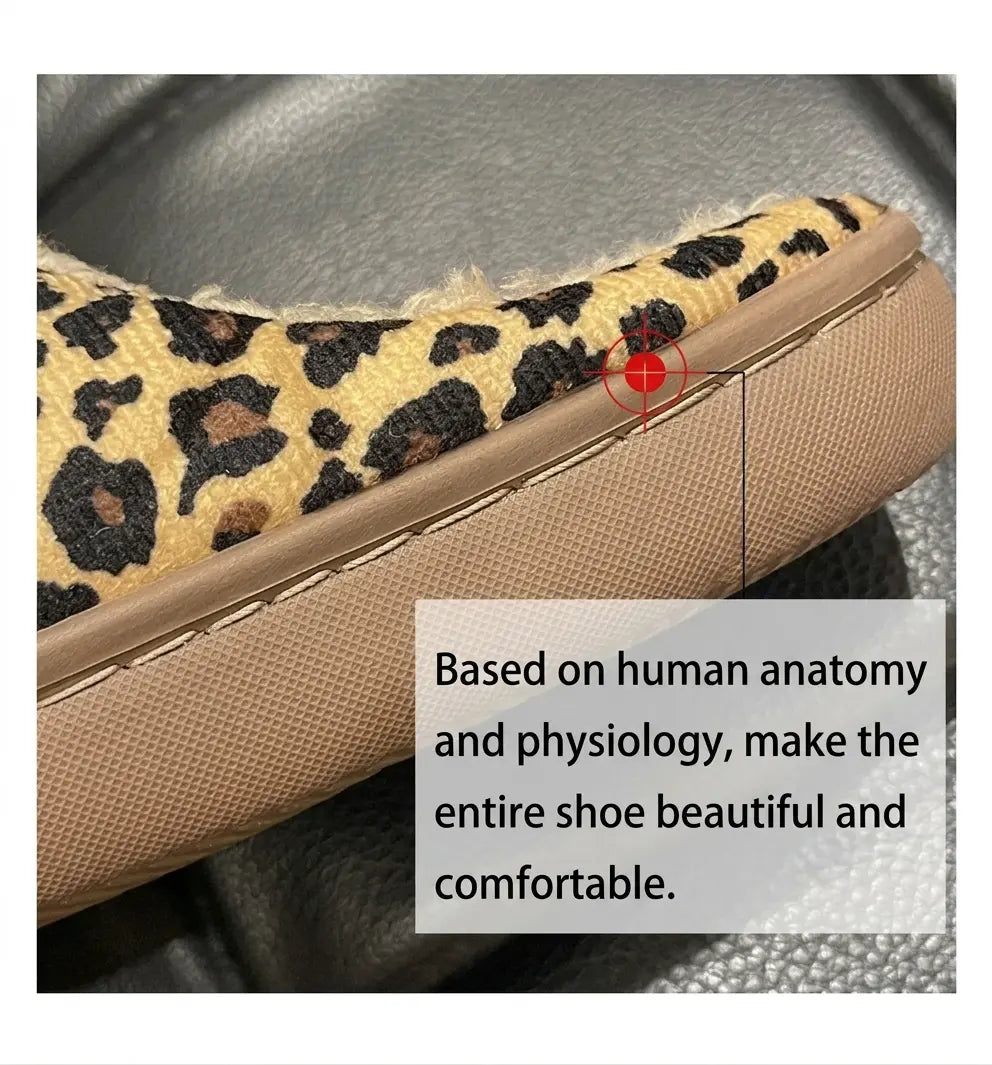 Close-up of a shoe with leopard print trim on a gray background