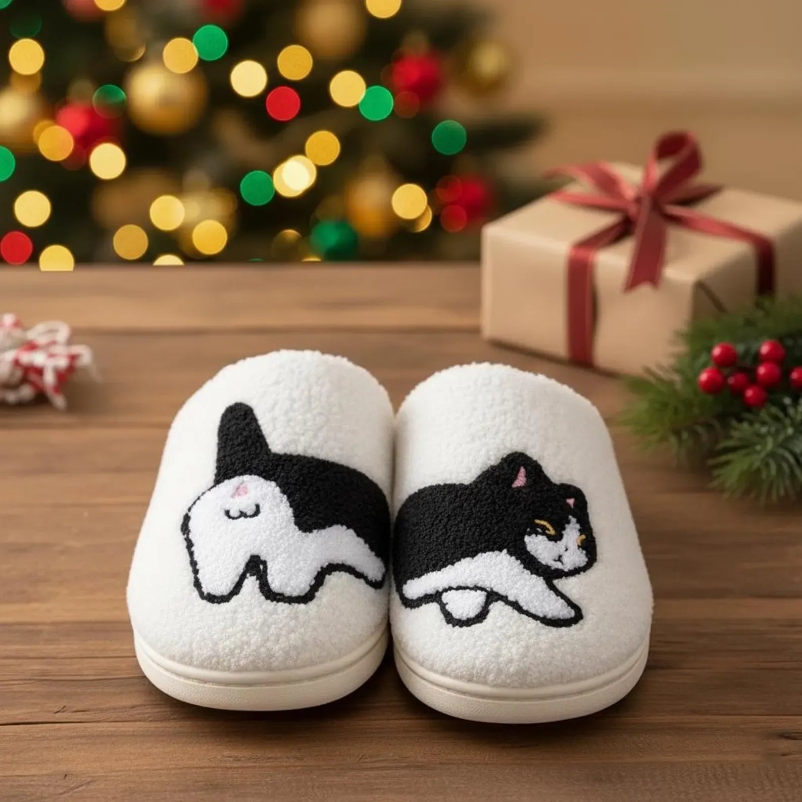 White slippers with black cat designs on a wooden surface with Christmas decorations in the background.