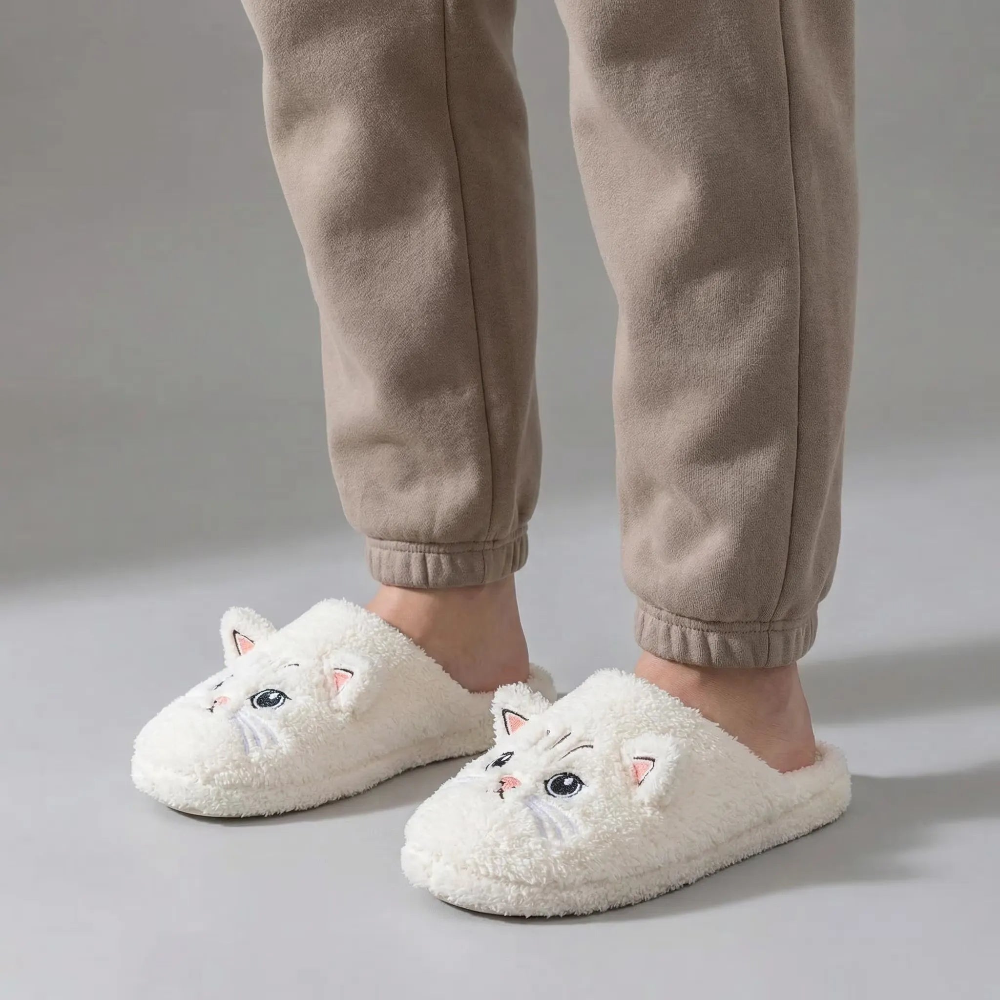 White cat-themed slippers worn with beige pants on a neutral background