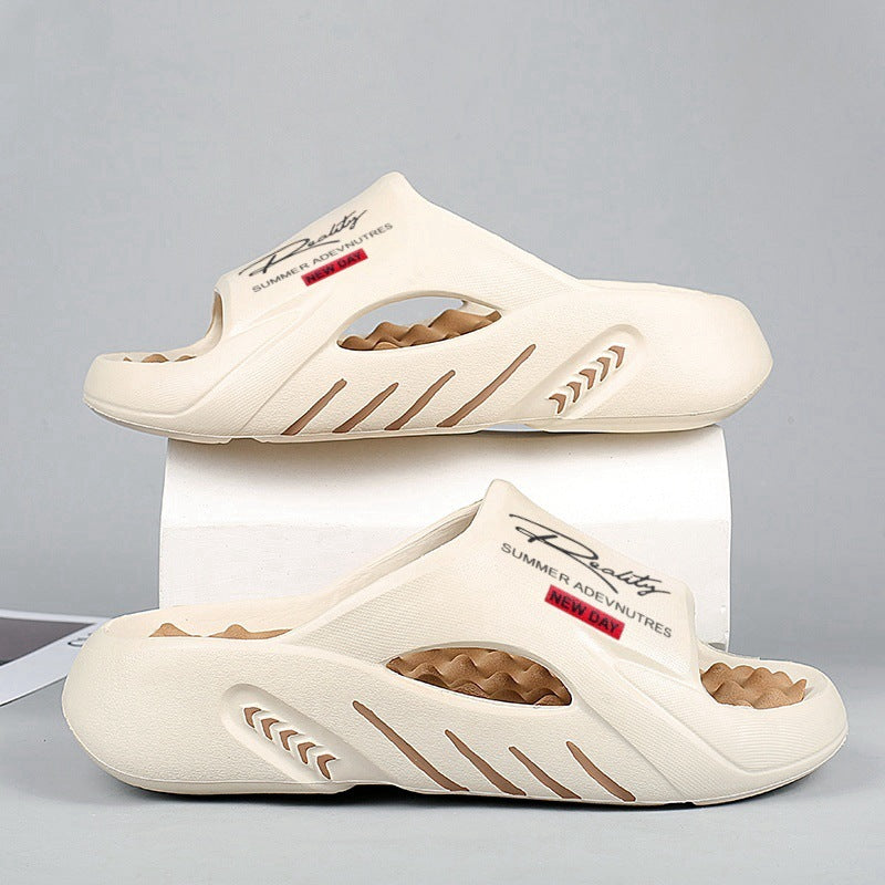 White sandals with brown accents on a gray background