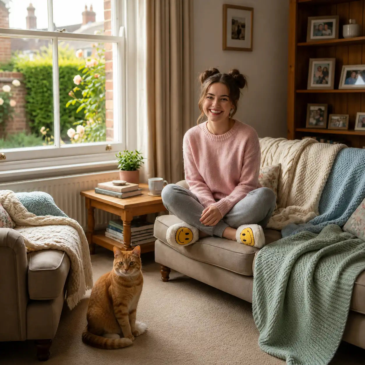 Woman sitting on a couch with a cat in a cozy living room