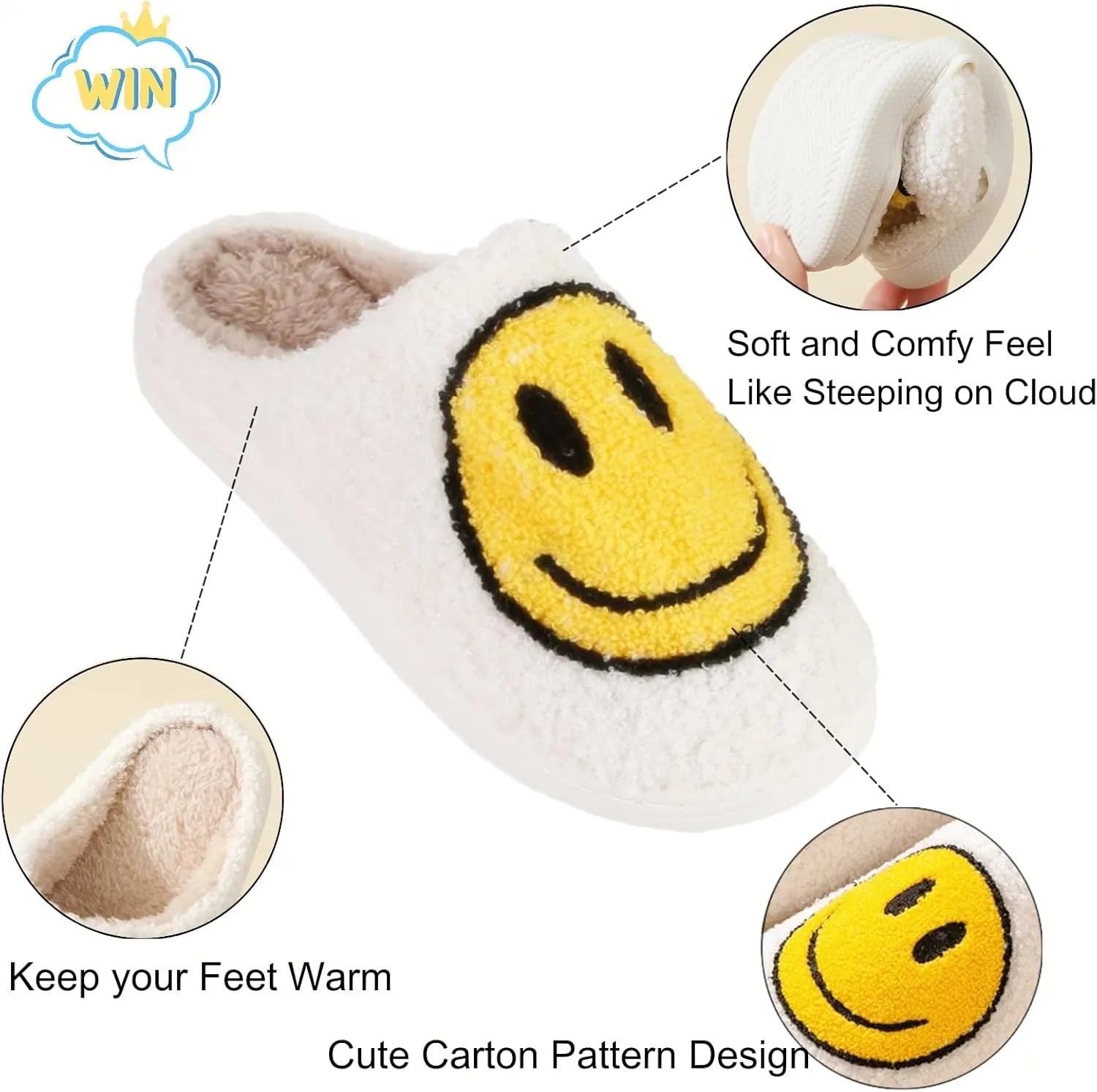 White slipper with smiley face design, showing soft interior and cartoon pattern, labeled 'WIN'.