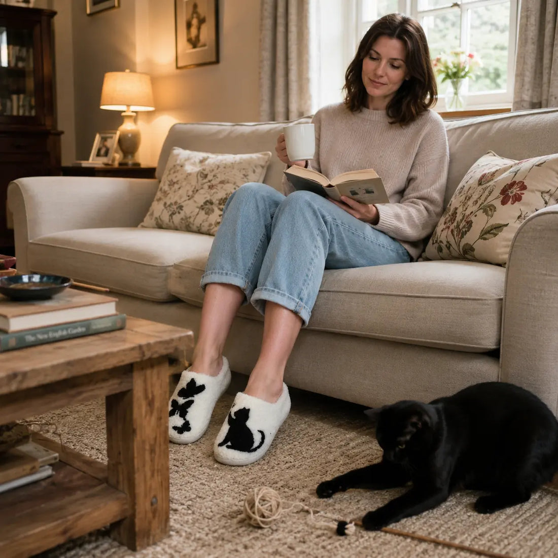 Woman reading a book on a couch with a black cat beside her in a cozy living room.