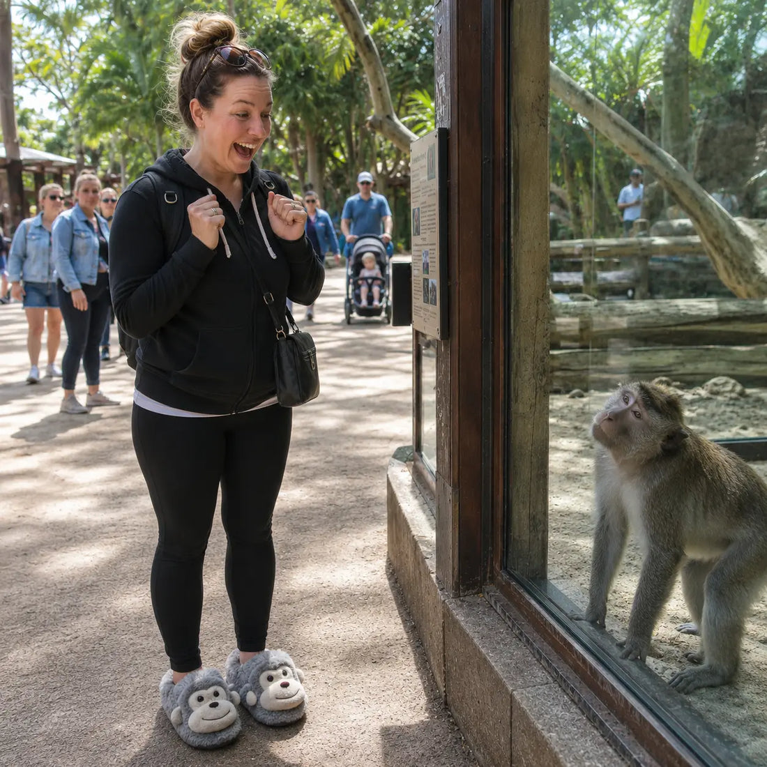 Monkey-themed slippers with a person wearing them on a neutral background