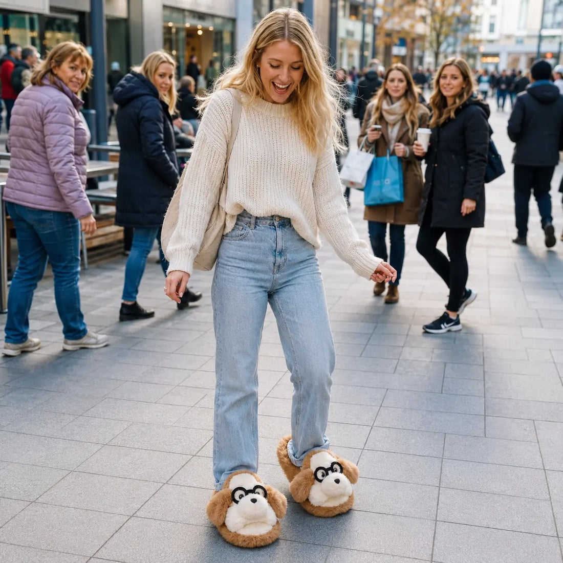 Pair of brown and white slippers with a dog design on a white surface
