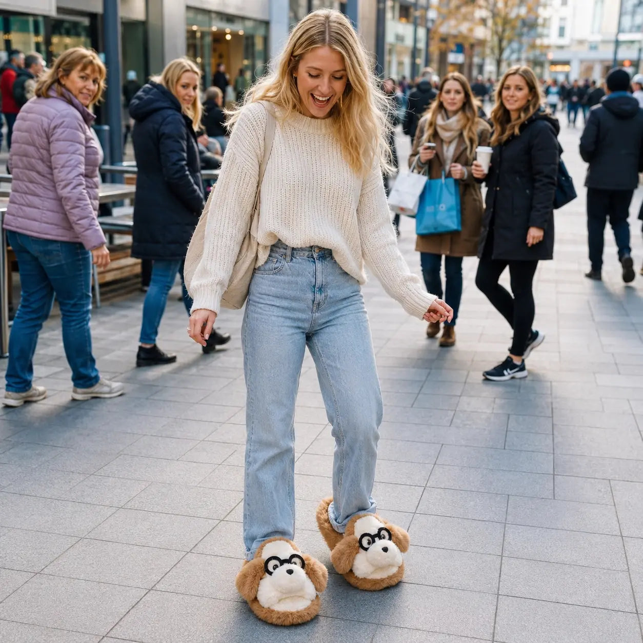 Woman wearing a cream sweater and light blue jeans with brown slippers featuring animal faces on a city street.
