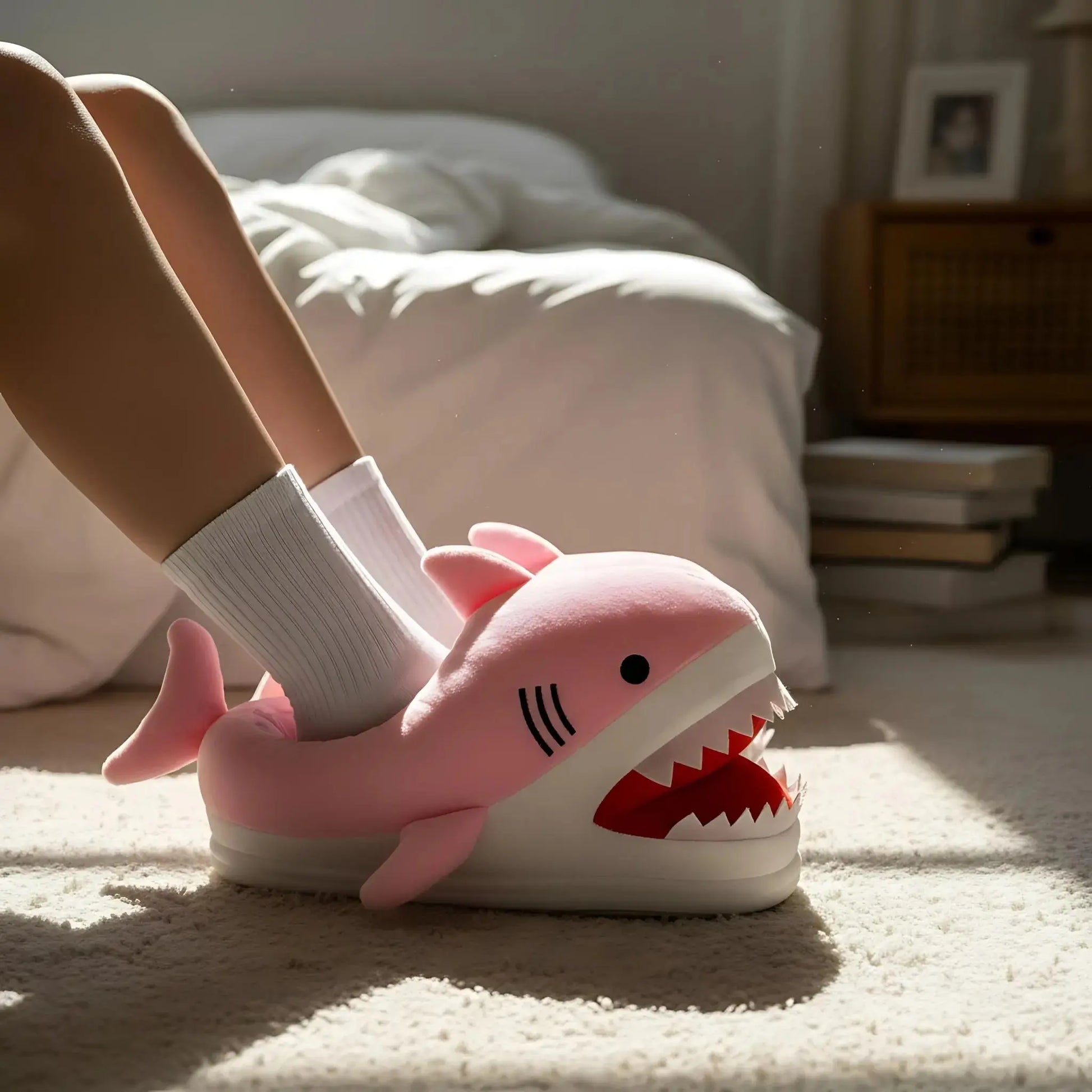 Person wearing a pink shark-shaped slipper in a bedroom setting.