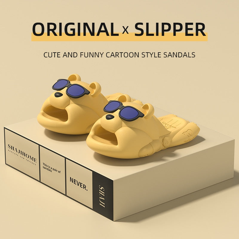 Novelty animal-style slippers with sunglasses on a beige background, featuring the brand 'SHAHHOME'.