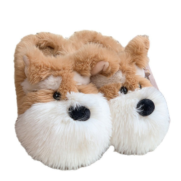 Plush dog-shaped pillow with brown and white fur on a white background