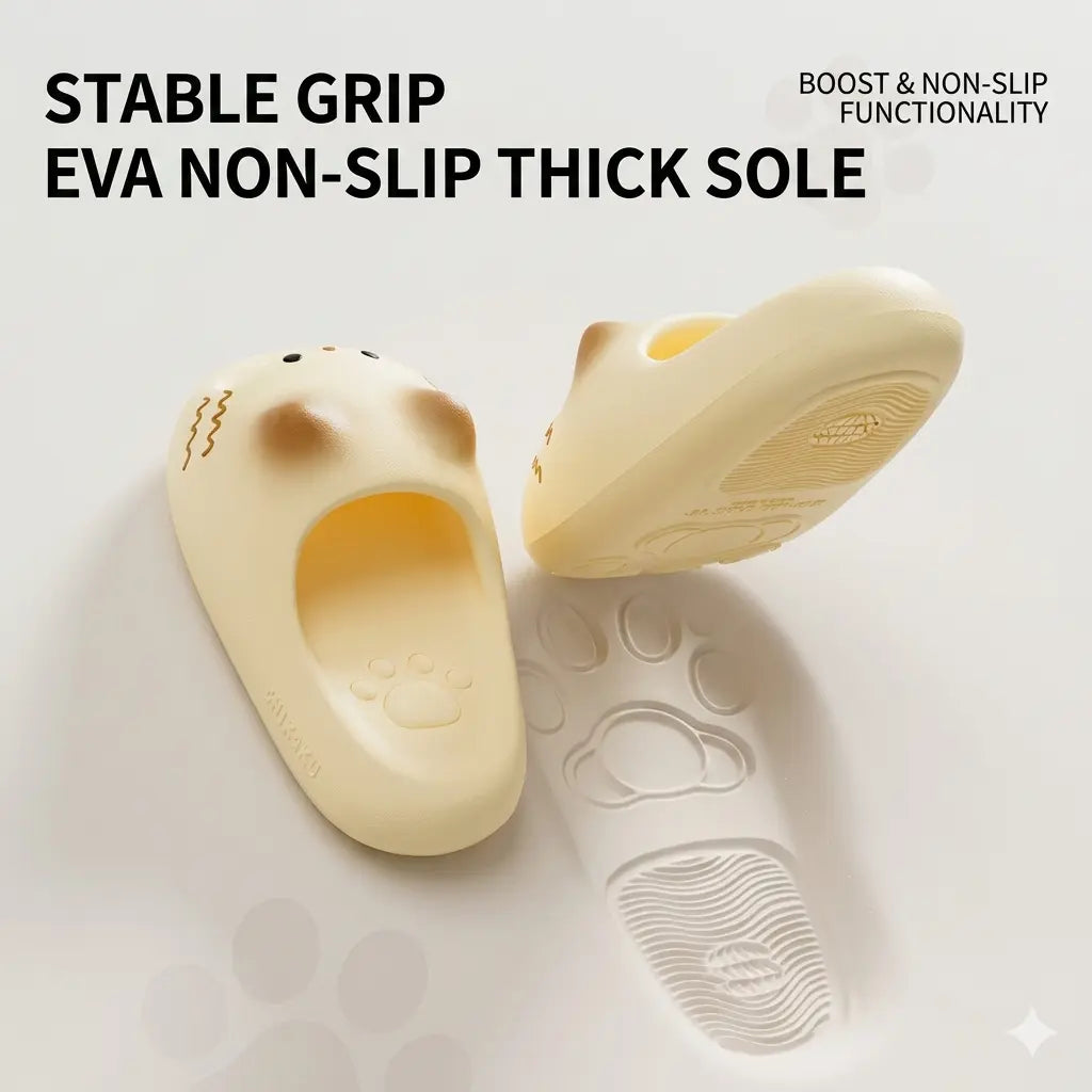 Two beige shoe inserts with text highlighting stable grip, EVA material, non-slip thick sole, and boost functionality on a light gray background.