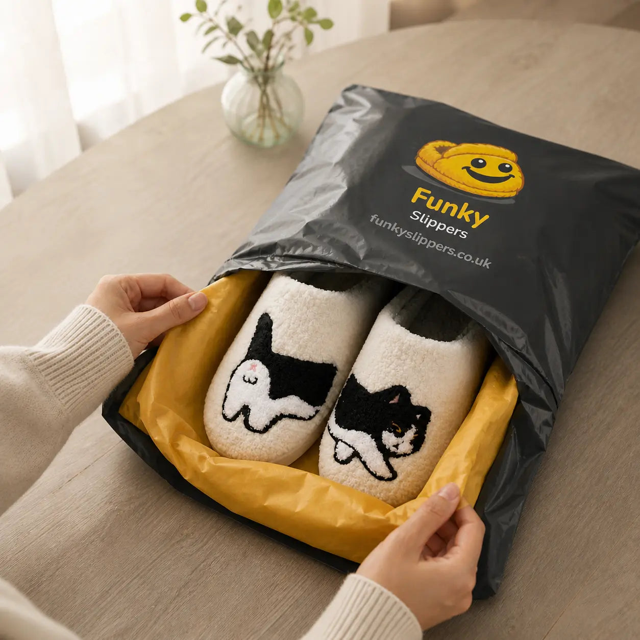 Pair of slippers with cat design in a Funky Slippers branded bag on a table.