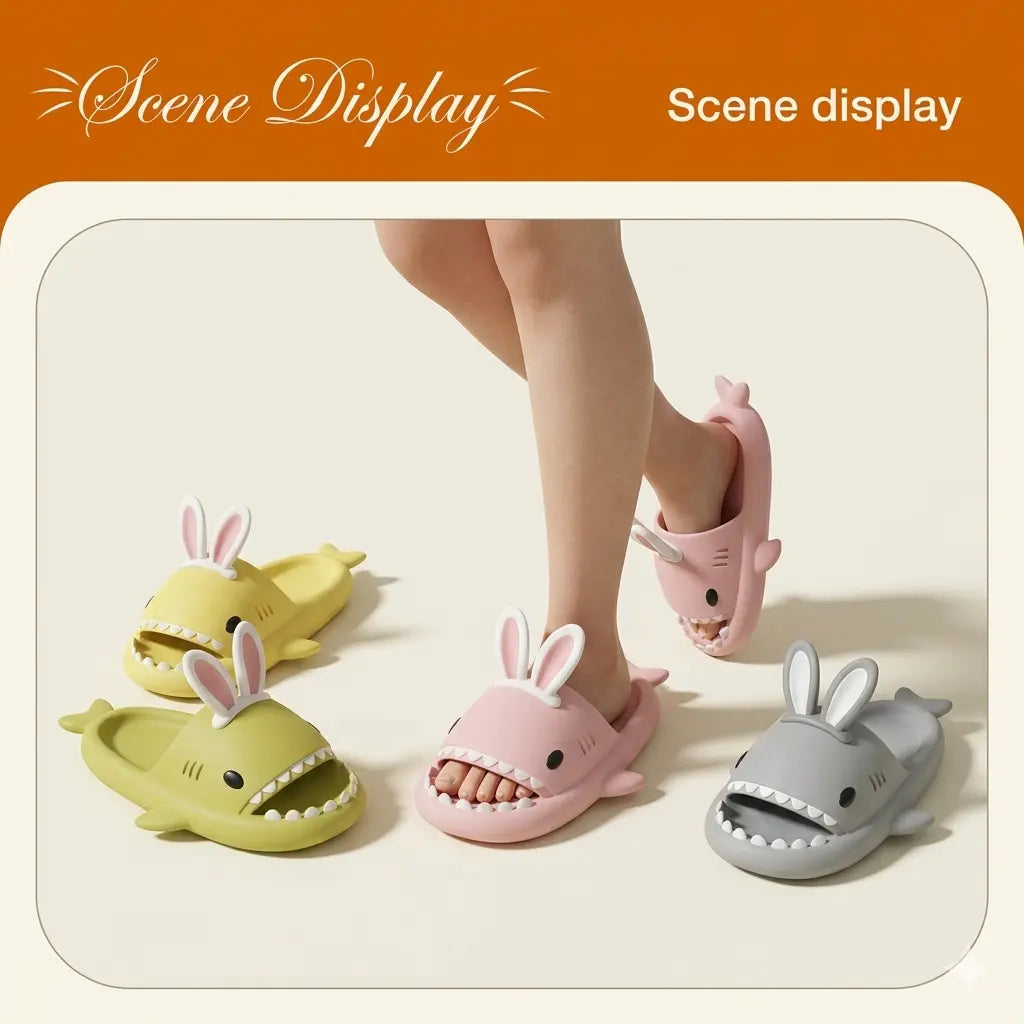 Children's shark-shaped sandals in pink, yellow, and gray on a plain background.