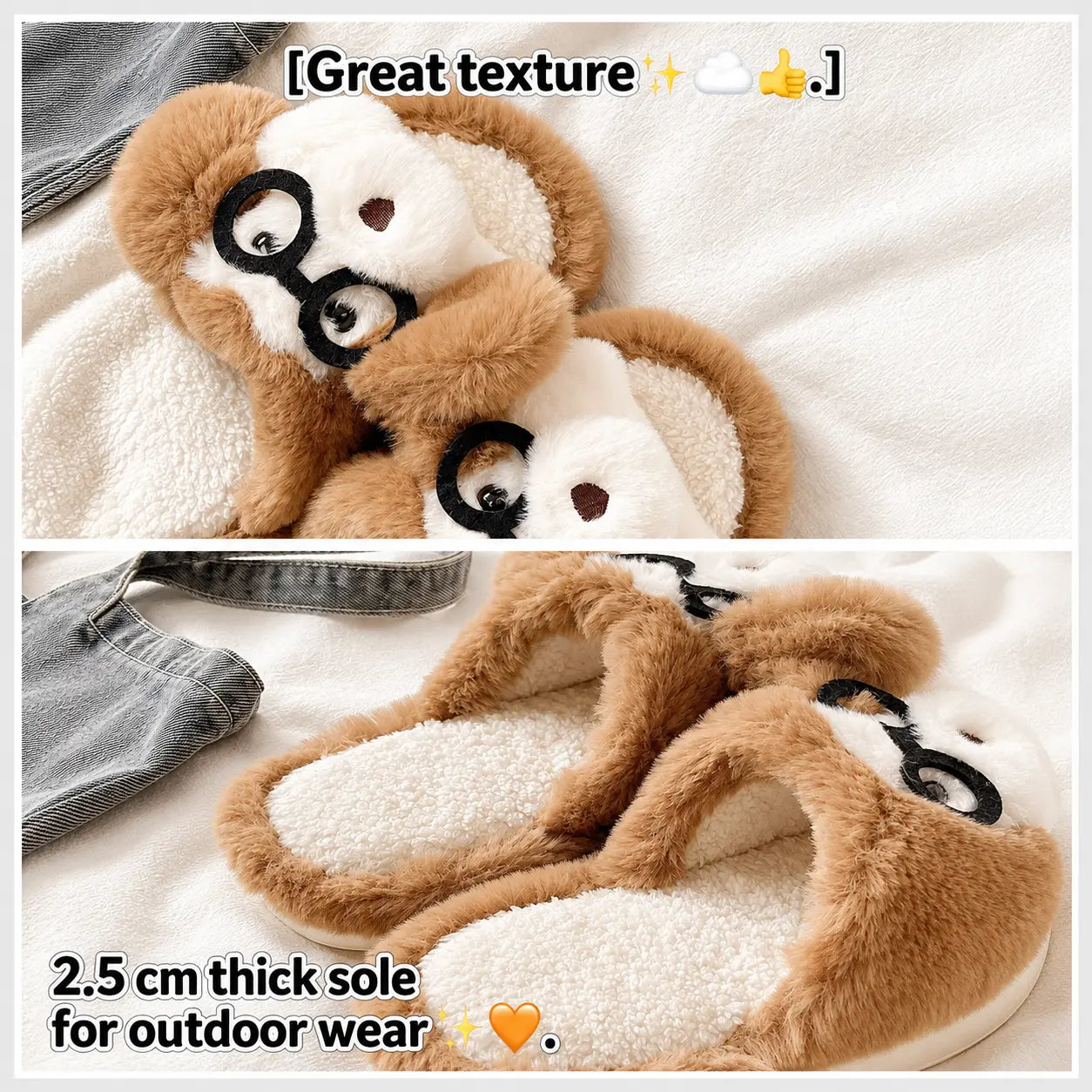 Plush slippers with a thick sole on a soft surface, labeled 'Great texture' and '2.5 cm thick sole for outdoor wear'.