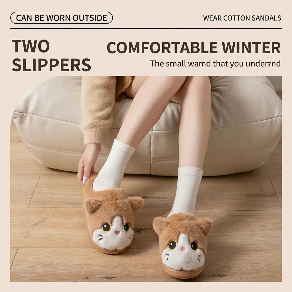Fluffy Cat Face House Slippers - Cosy Plush Non-Slip Slippers
