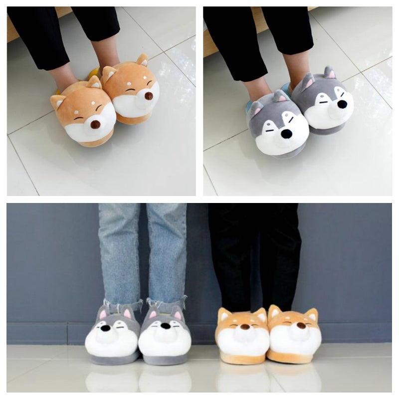 Collage of two pairs of Novelty animal slippers worn by people on a tiled floor.