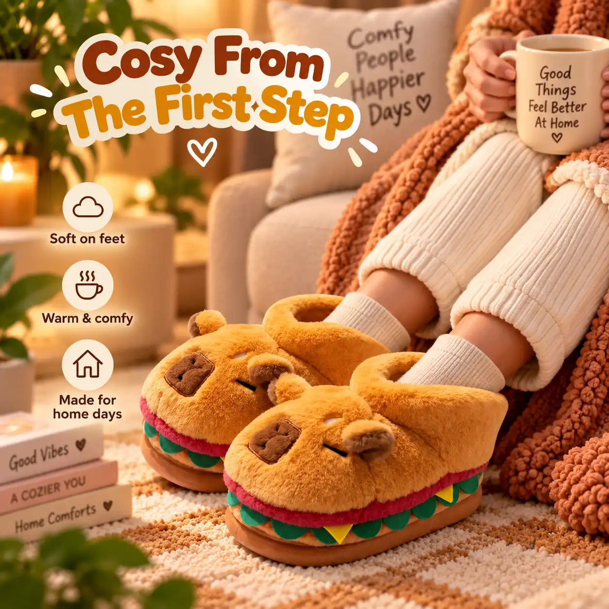 A person wearing plush teddy-bear-shaped slipper shoes sits on a cozy beige sofa in a warm living room, holding a mug. The slippers are tan with embroidered bear faces and layered red, green, and yellow details.