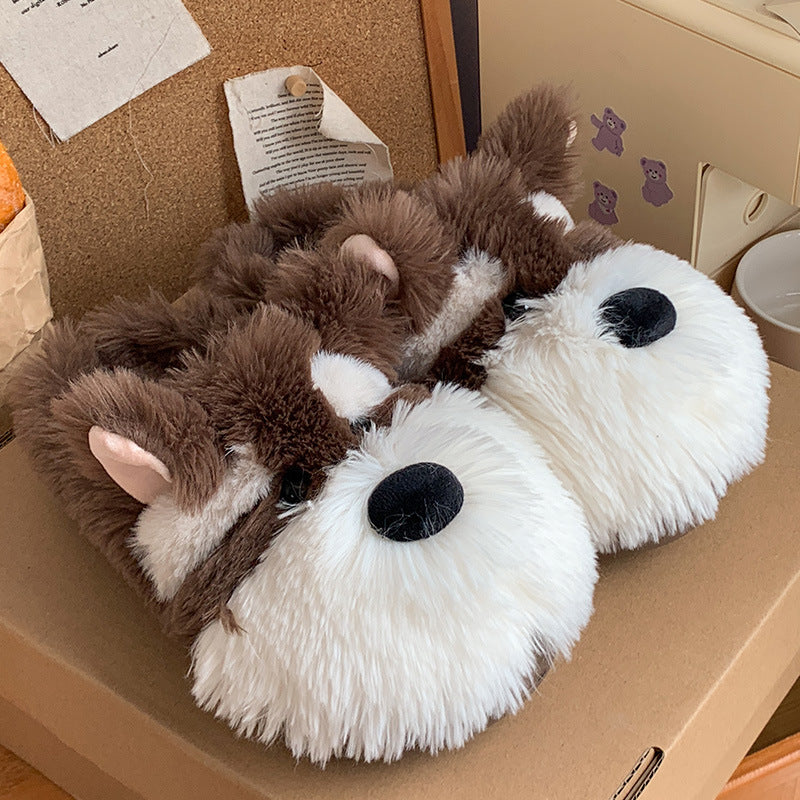 Plush dog-shaped pillow with brown and white fur on a white background
