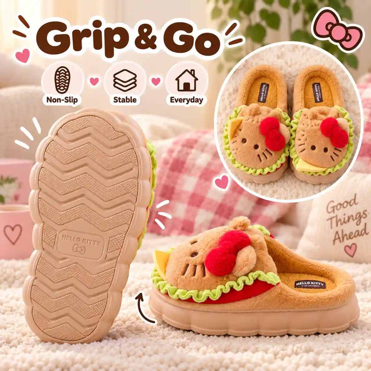 Hello Kitty grip & go slippers shown in a cozy bedroom setting, with one slipper turned to show the sole and an inset showing a pair of the slippers. The slippers are tan with a red bow and green ruffle details.