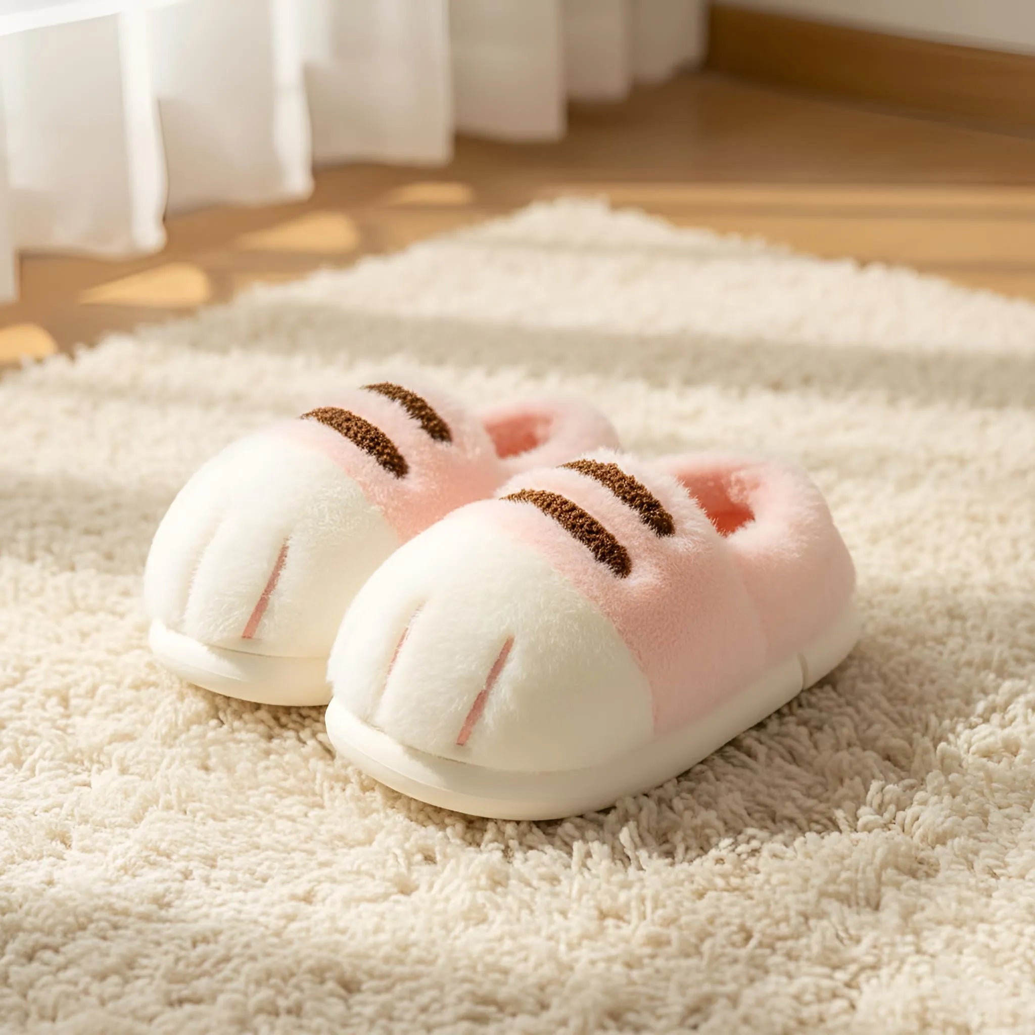 Pair of pink and white slippers with brown accents on a soft surface
