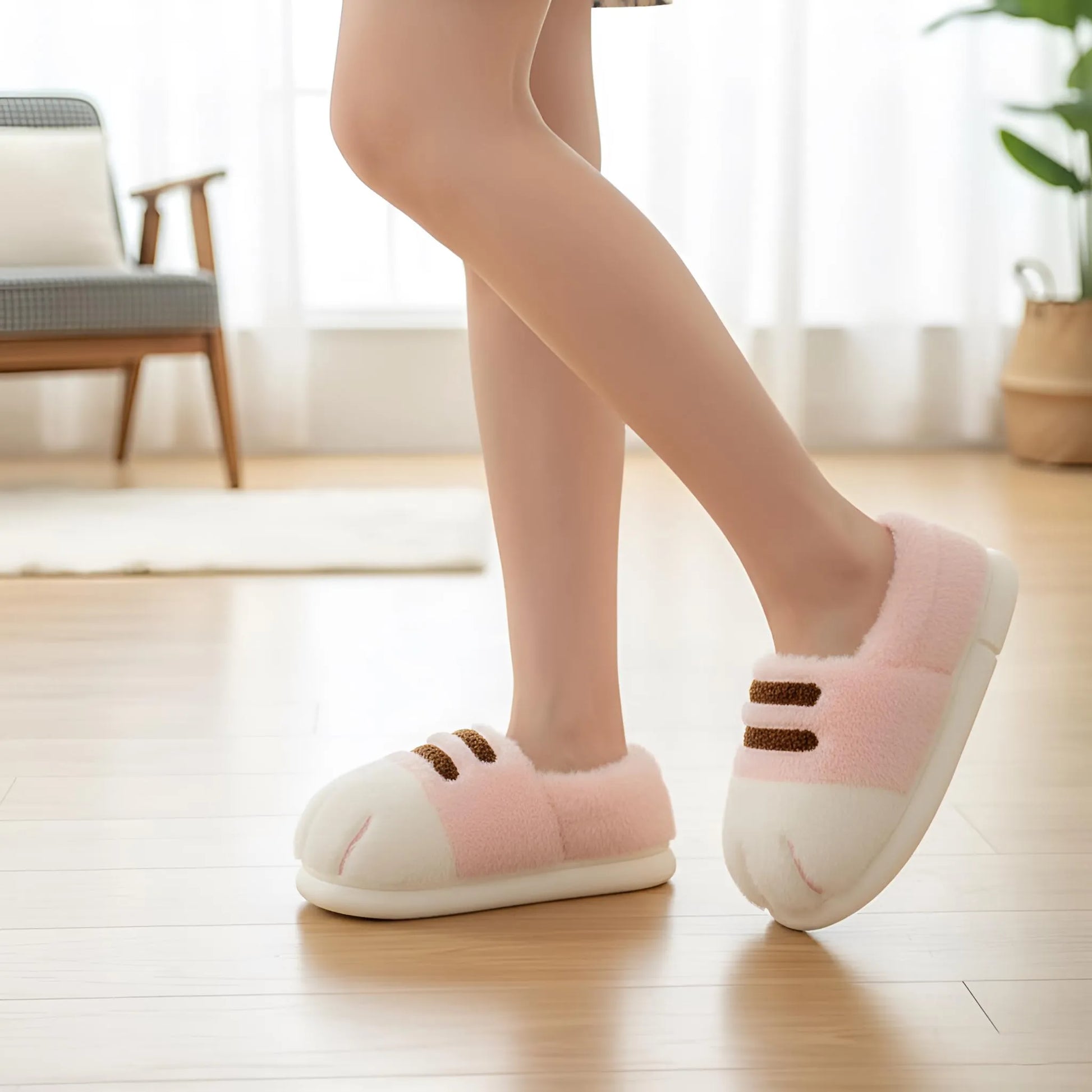 Pink and white slippers worn indoors on a wooden floor.