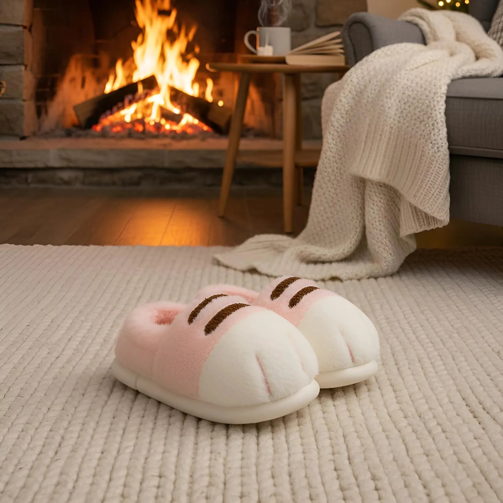Pair of pink and white slippers on a textured surface with a cozy living room in the background featuring a fireplace.