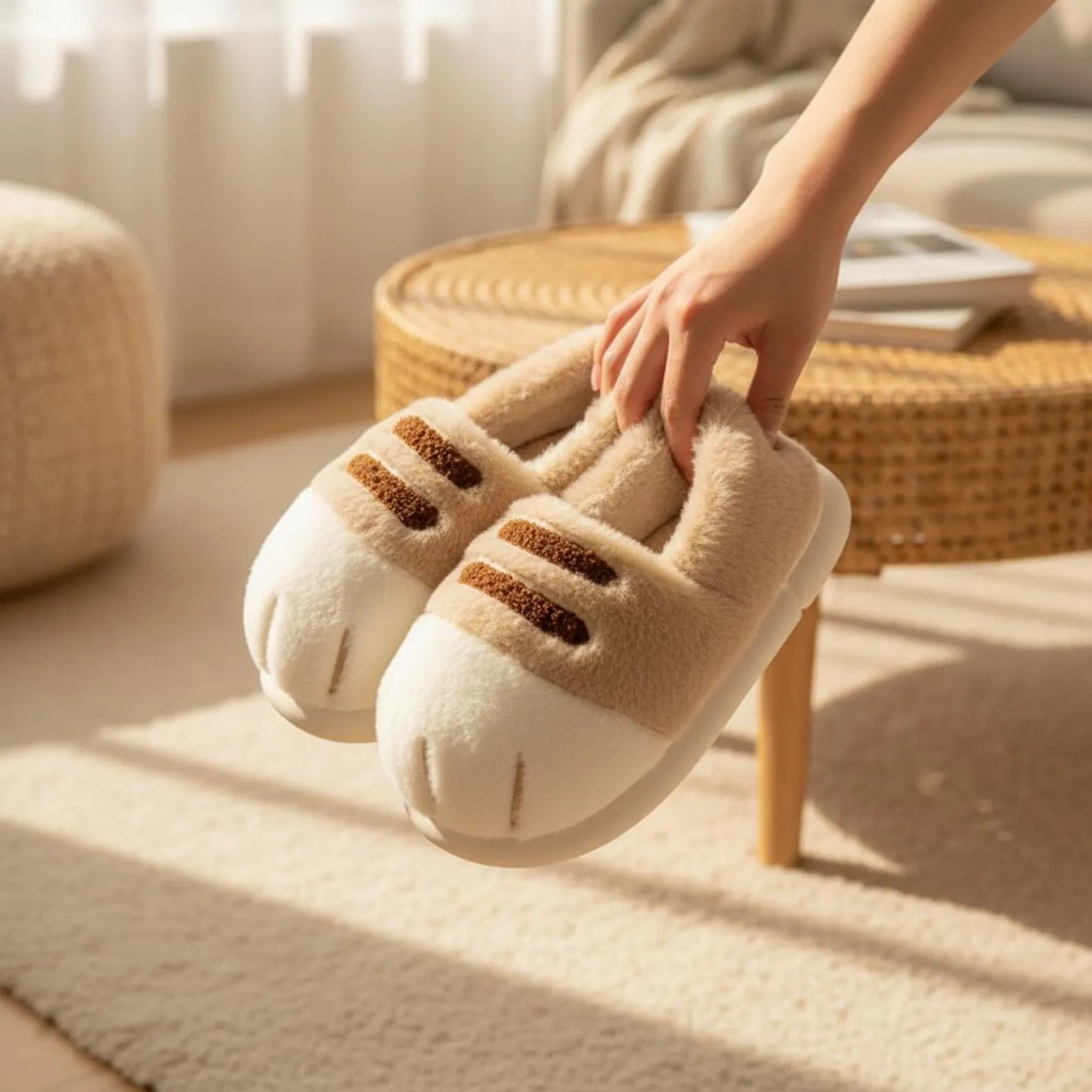 Pair of beige slippers with brown stripes on a soft surface