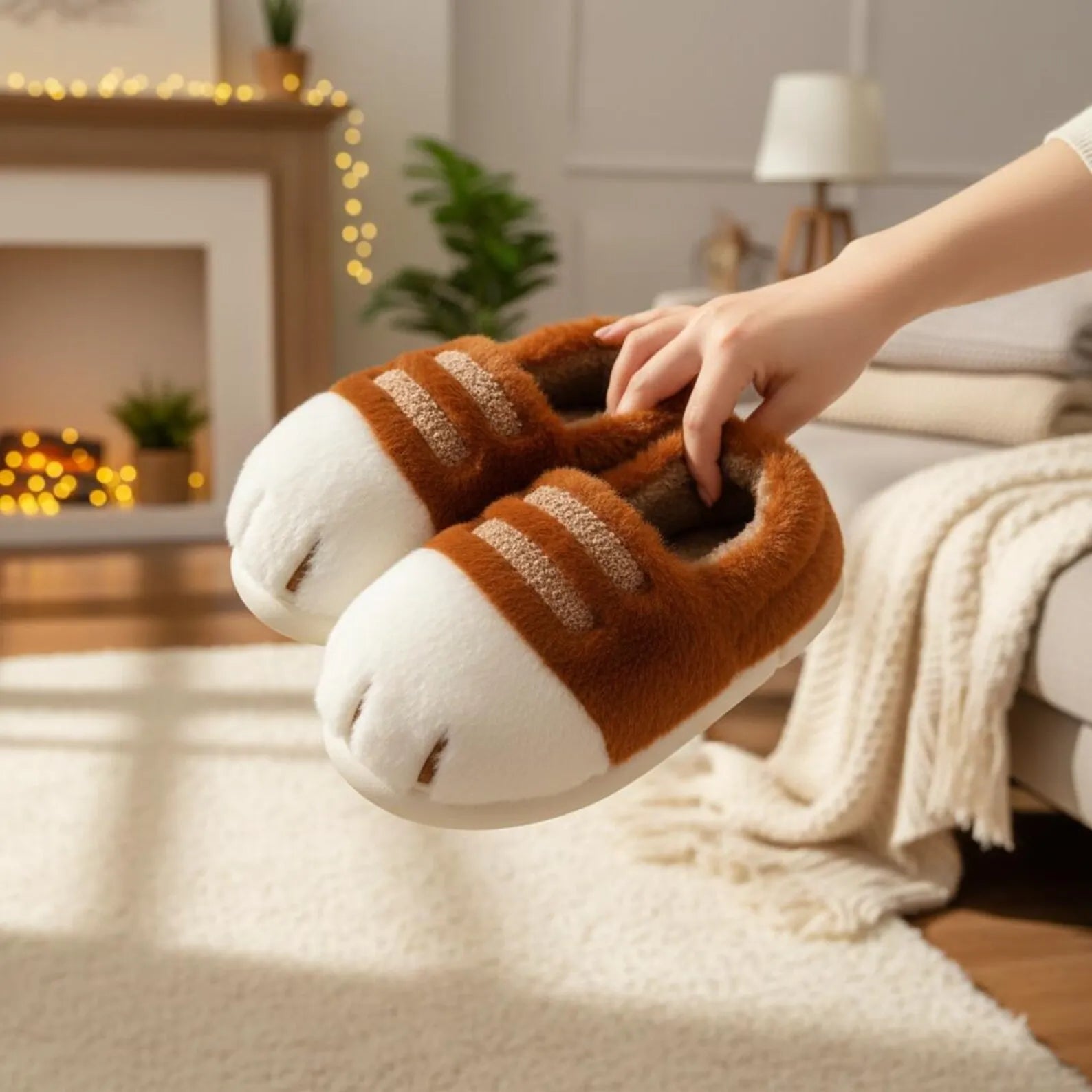 Brown and white slippers being worn in a cozy living room.
